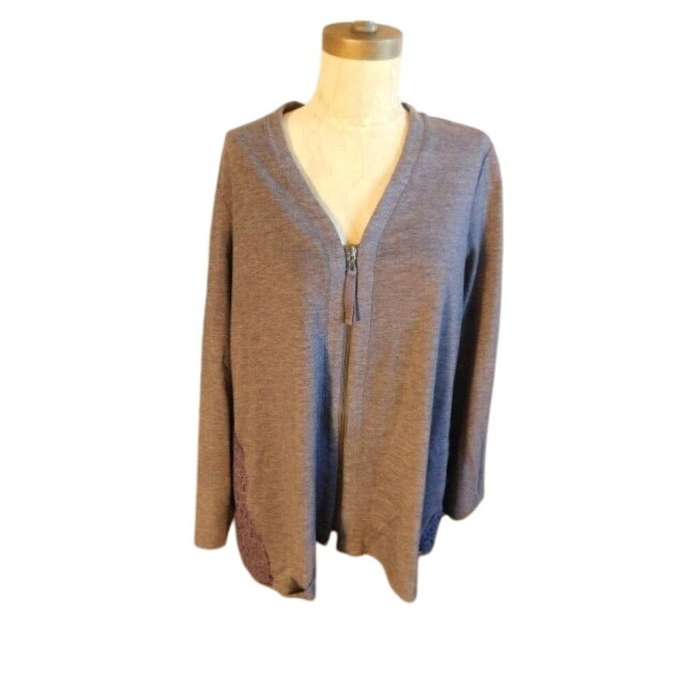 Logo by Lori Goldstein Size L Large Zip Front Knit Lace Trim Jacket Top